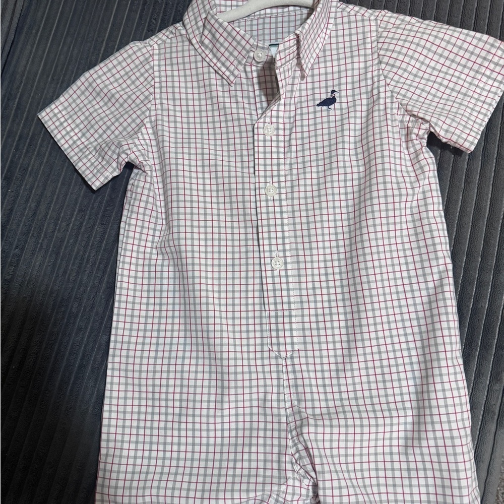 Properly Tied Woven Onepiece Plaid Button-Down Romper with Bird Embroidery